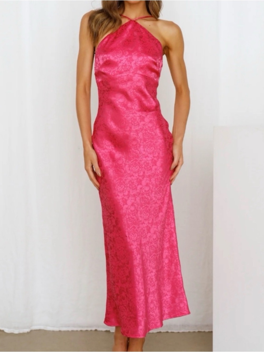 Satin Jacquard Halter Maxi Dress in Fuchsia